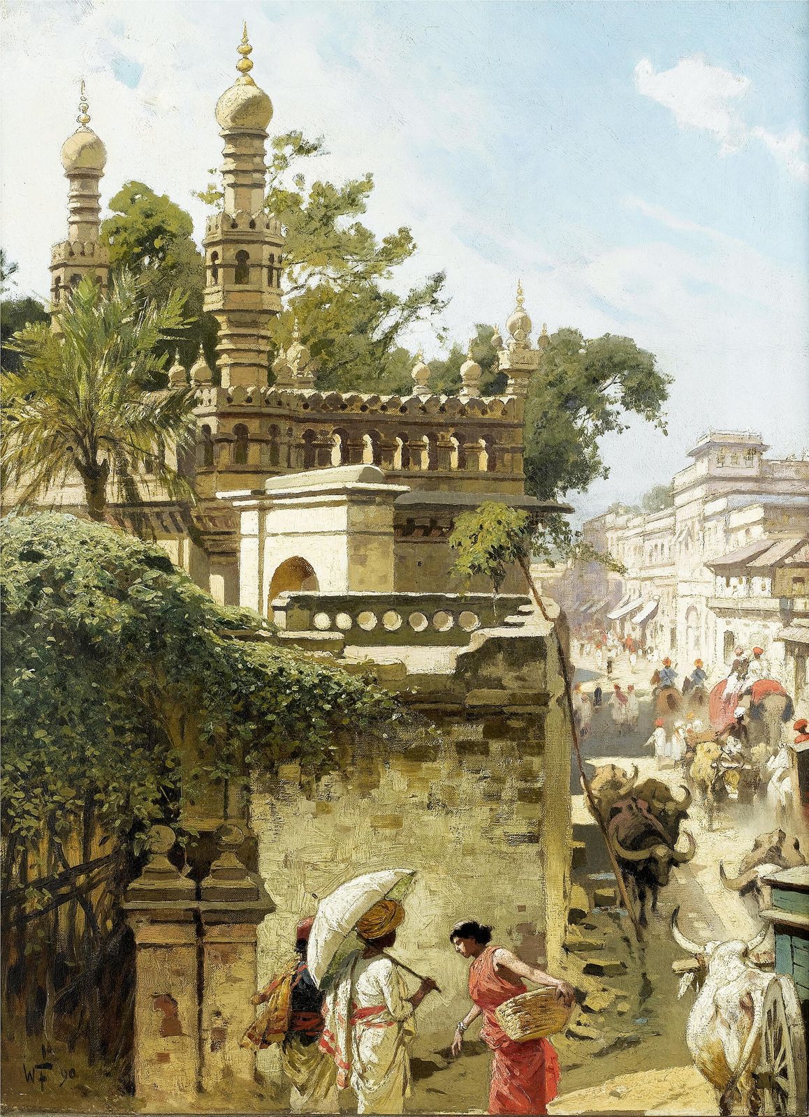 A painting of a Hyderabad street in 1890, a minaret above the shops and passers-by