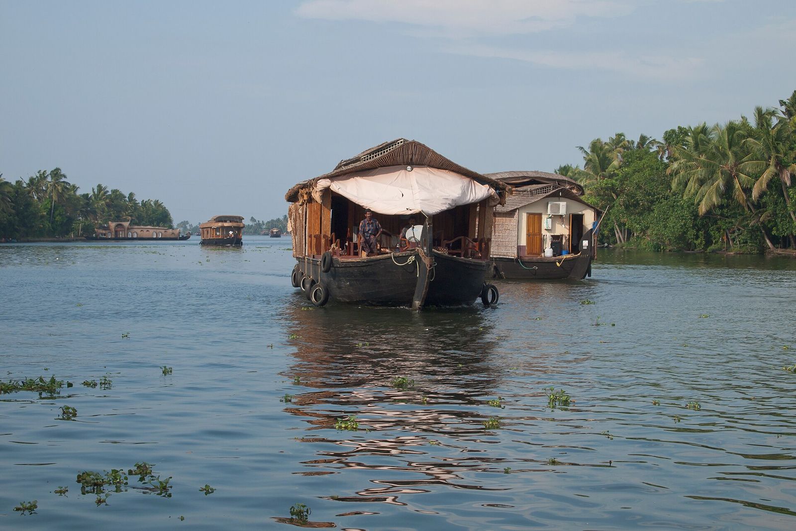 Two houseboats on the Kerala backwaters, palms along the bank